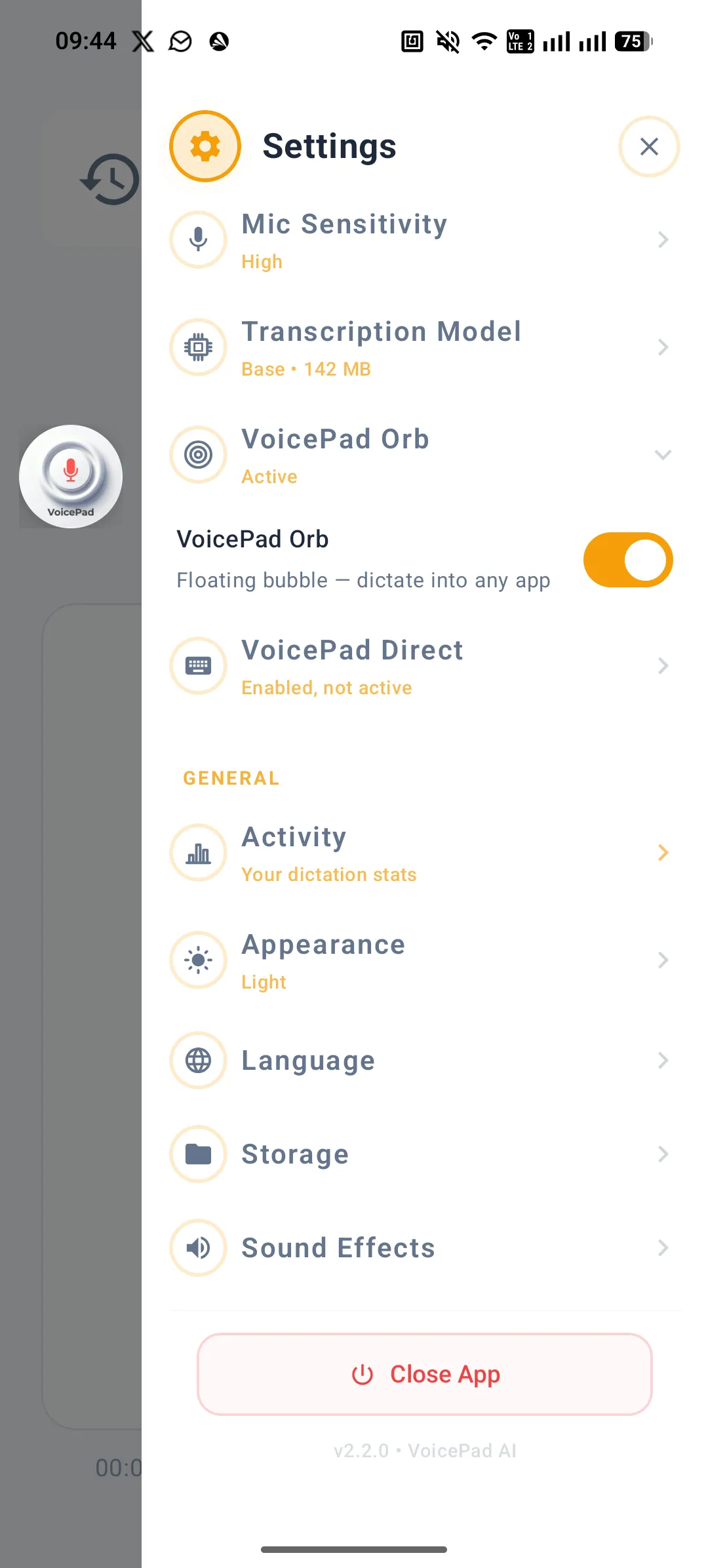 VoicePad Einstellungen — Hell