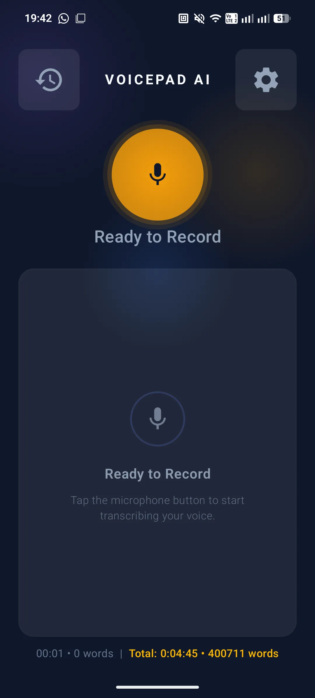 VoicePad Hauptbildschirm — Dunkel