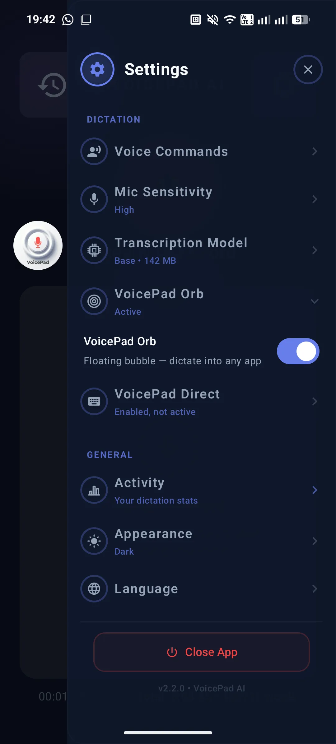 VoicePad Einstellungen — Dunkel