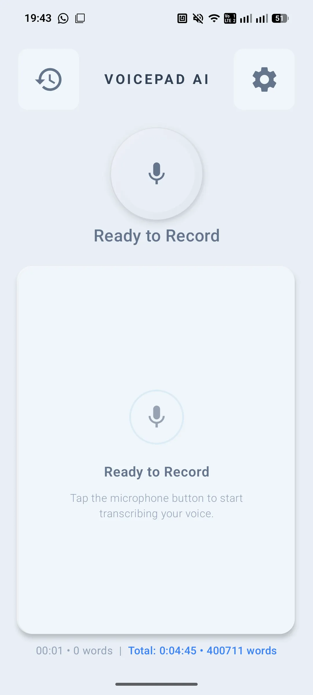 VoicePad Hauptbildschirm — Frost