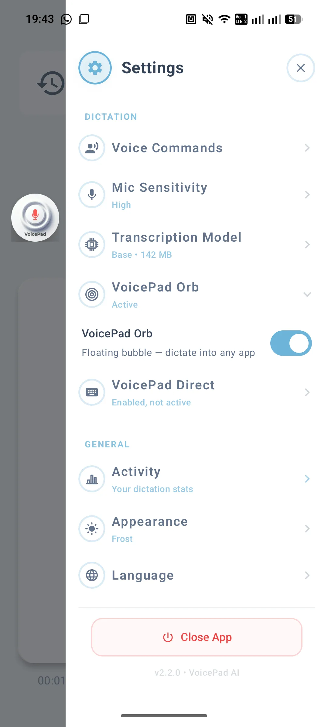 VoicePad Einstellungen — Frost