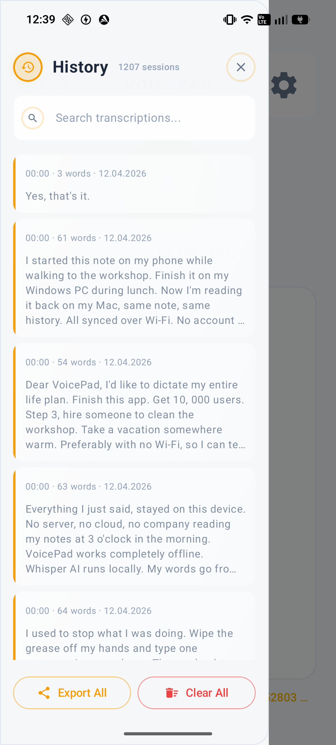 VoicePad AI Android history — Light theme