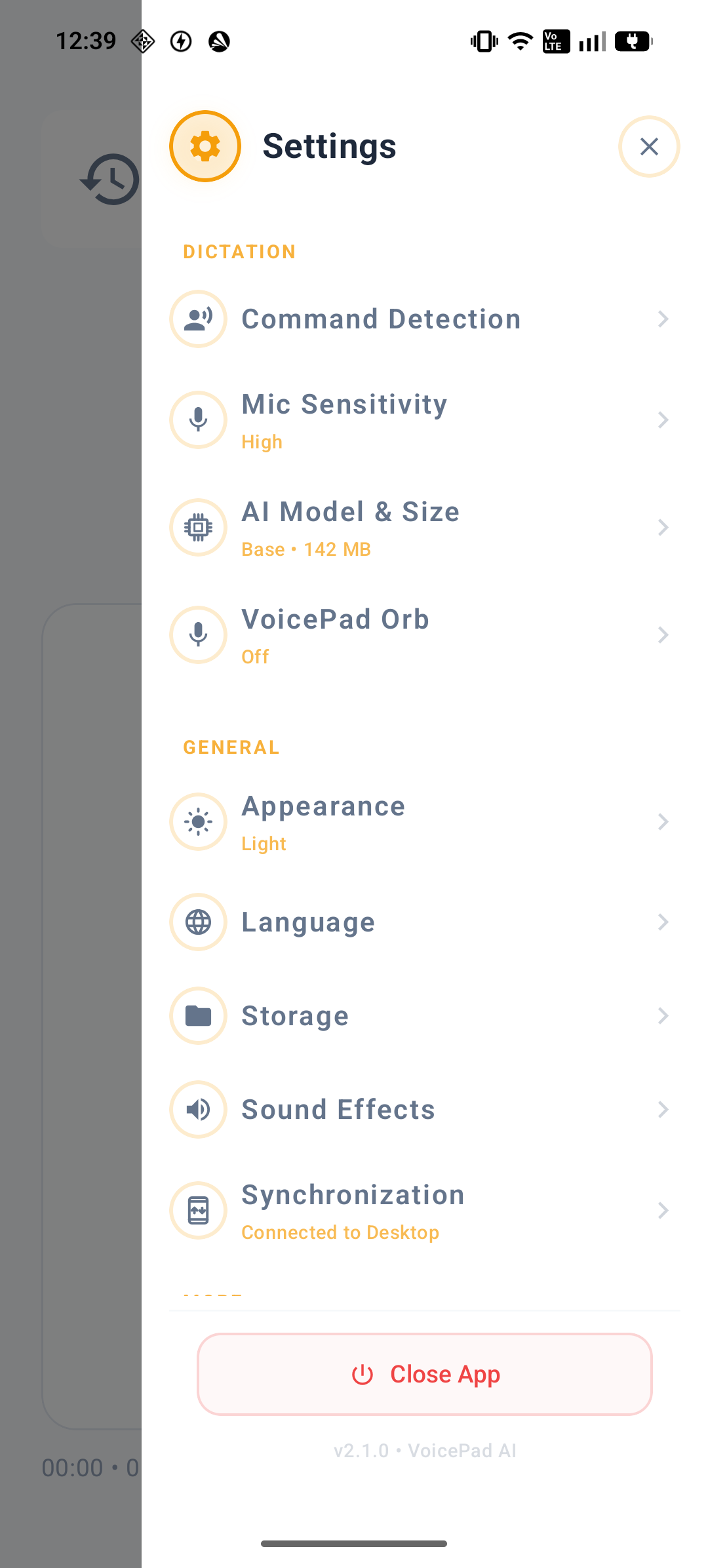 VoicePad AI Android settings — Light theme