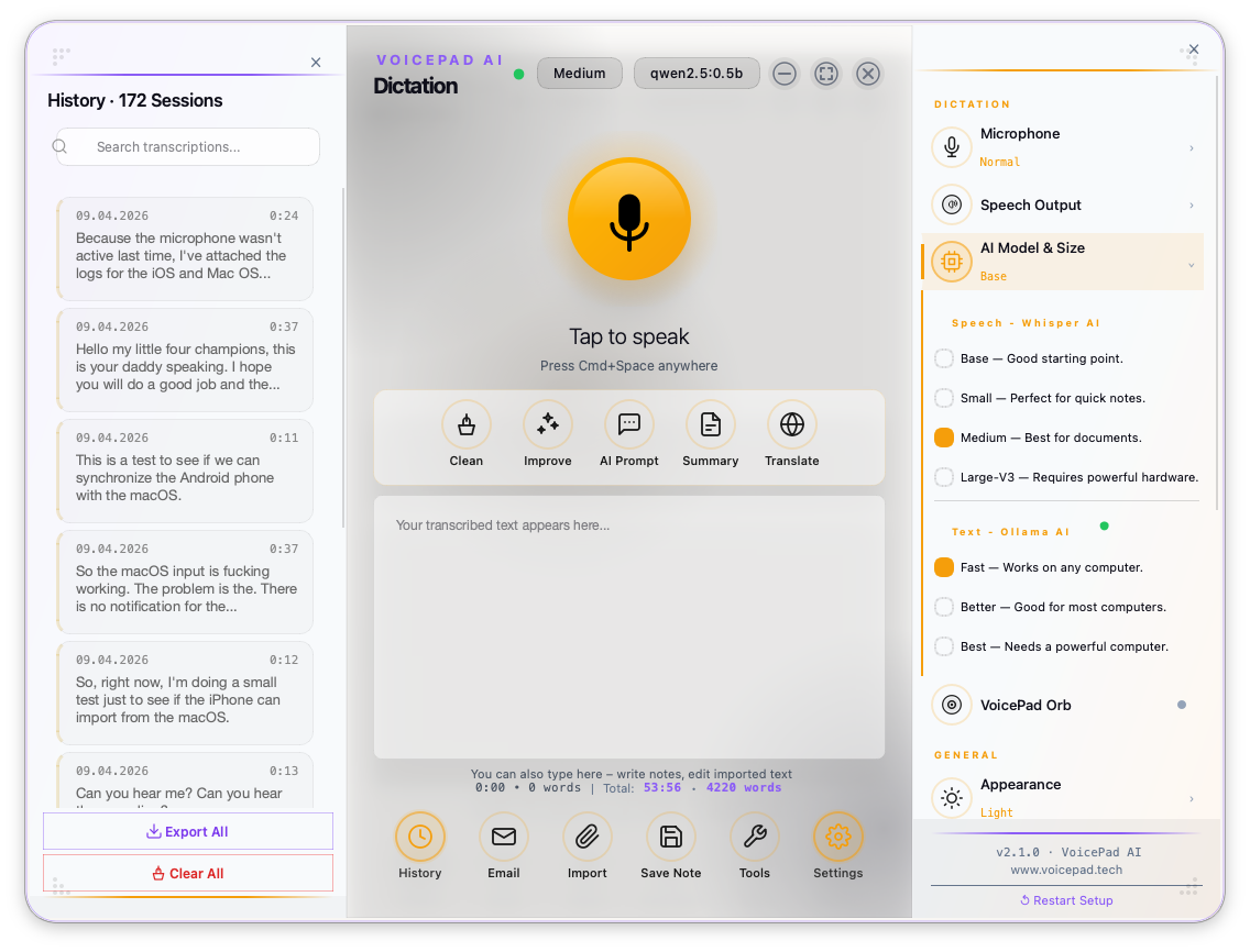 VoicePad AI Mac app — Light theme