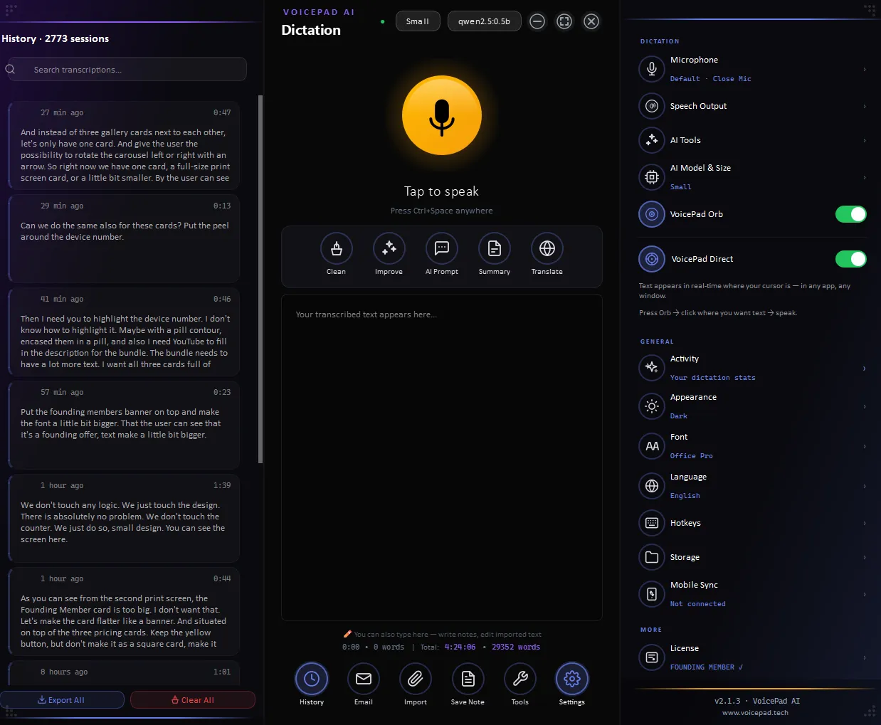 VoicePad — Dunkel-Theme