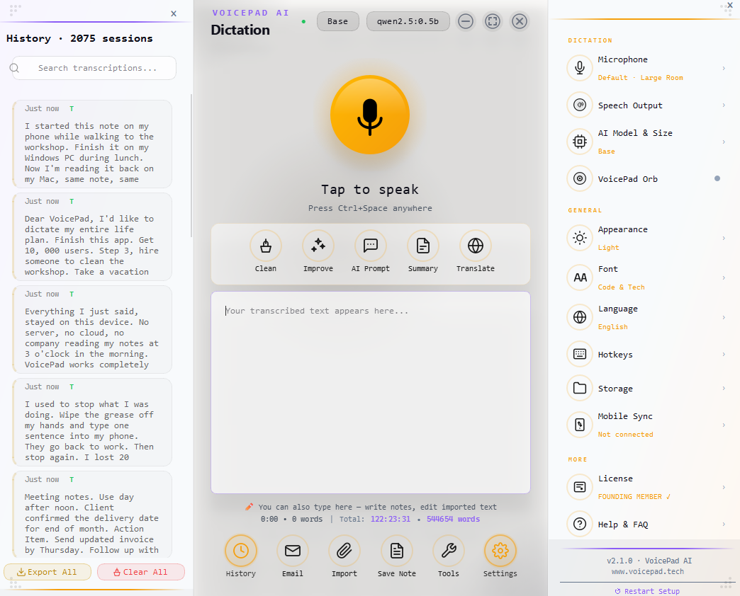 VoicePad AI Windows app — Light theme