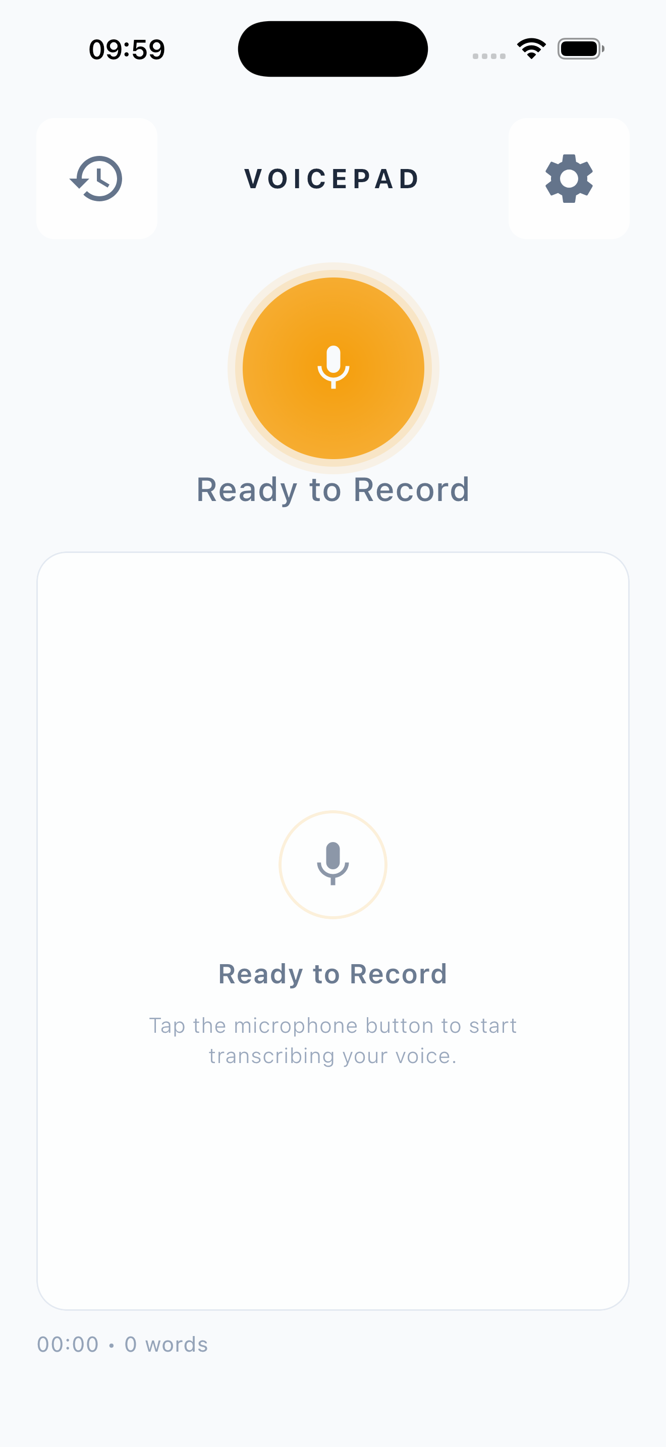 VoicePad AI iPhone app — Light theme
